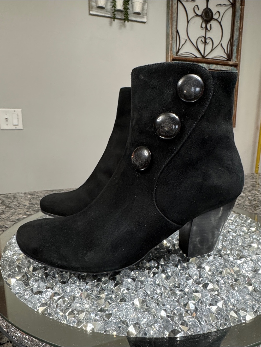 Vaneli Black Suede Ankle Boots with Button Accents